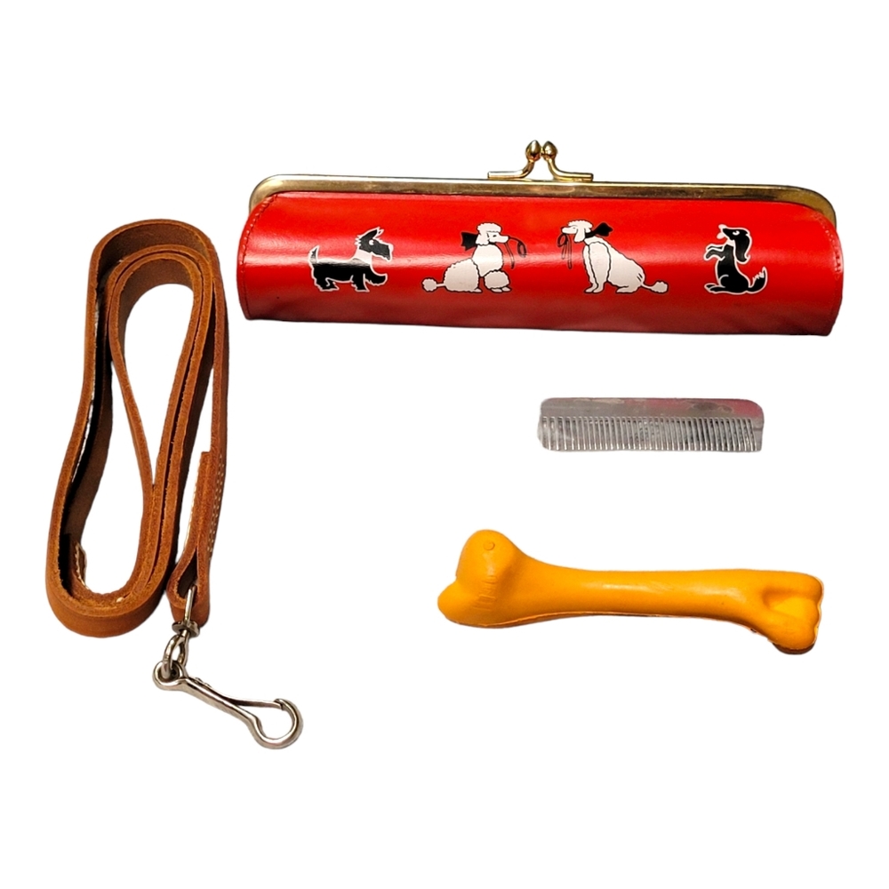Vintage Red Leather Dog Leash Purse Holder with Comb and Bone Made in England